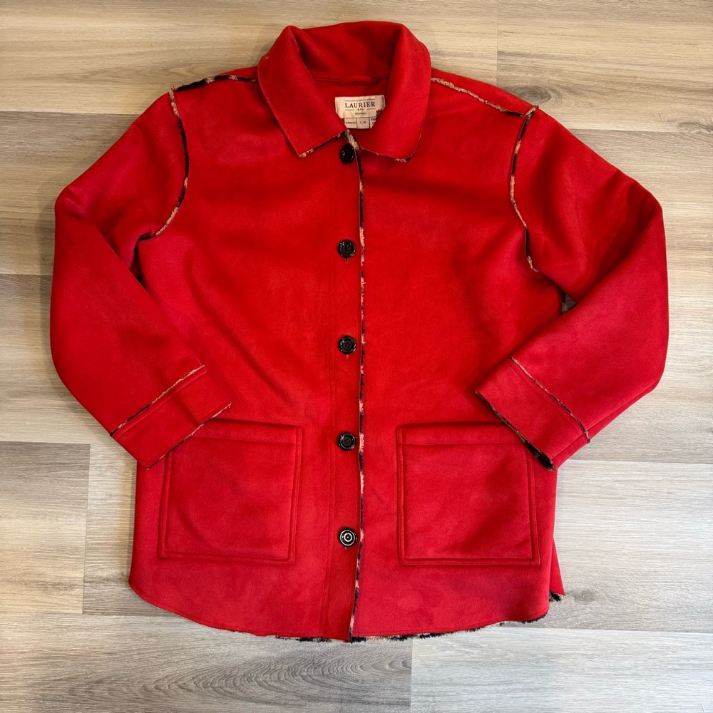 Cozy Laurier & Co. Cherry Red Barn Jacket Faux Animal Print Sherpa Trim W’s L